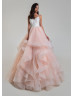 Beaded Ivory Lace Pink Chiffon Ruffle Wedding Dress